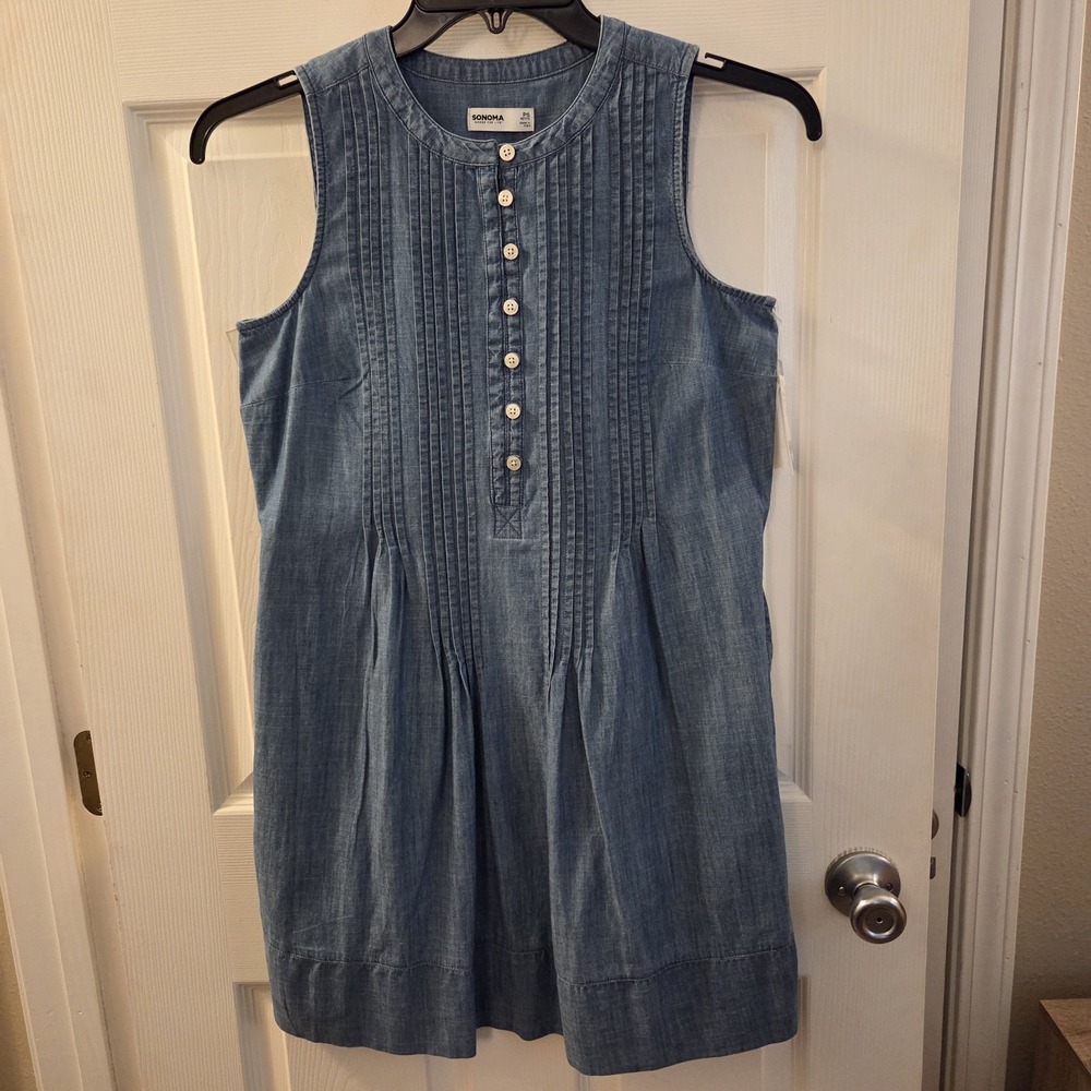 Sonoma sz S petite blue chambray mini dress NWT pintuck 100% cotton casual
